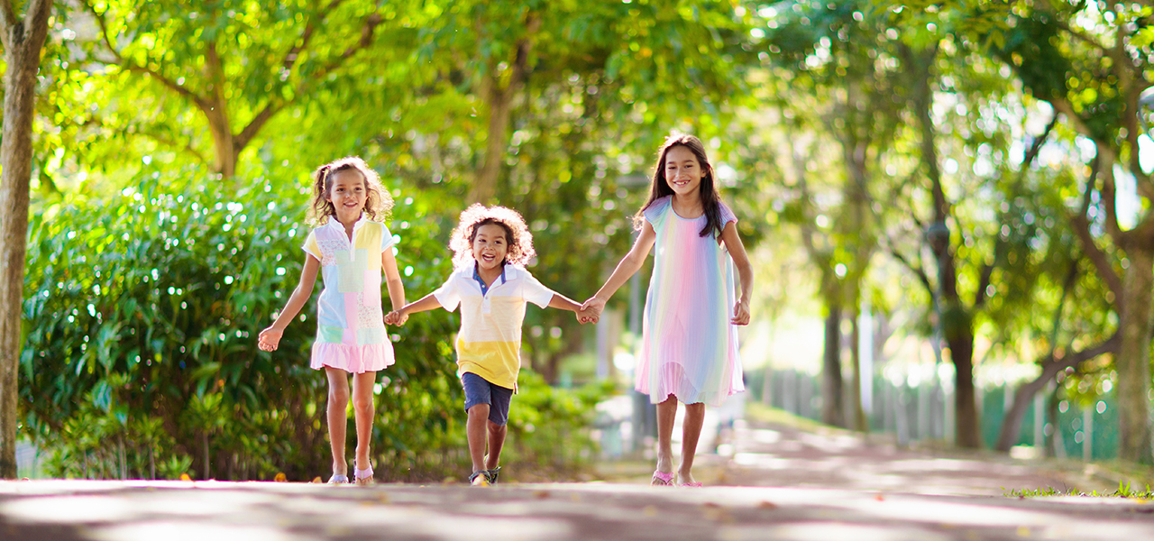 Happy children run and laugh